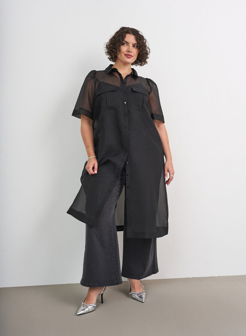 Organza dress with chest pockets and puff sleeves, Black, Model image number 0
