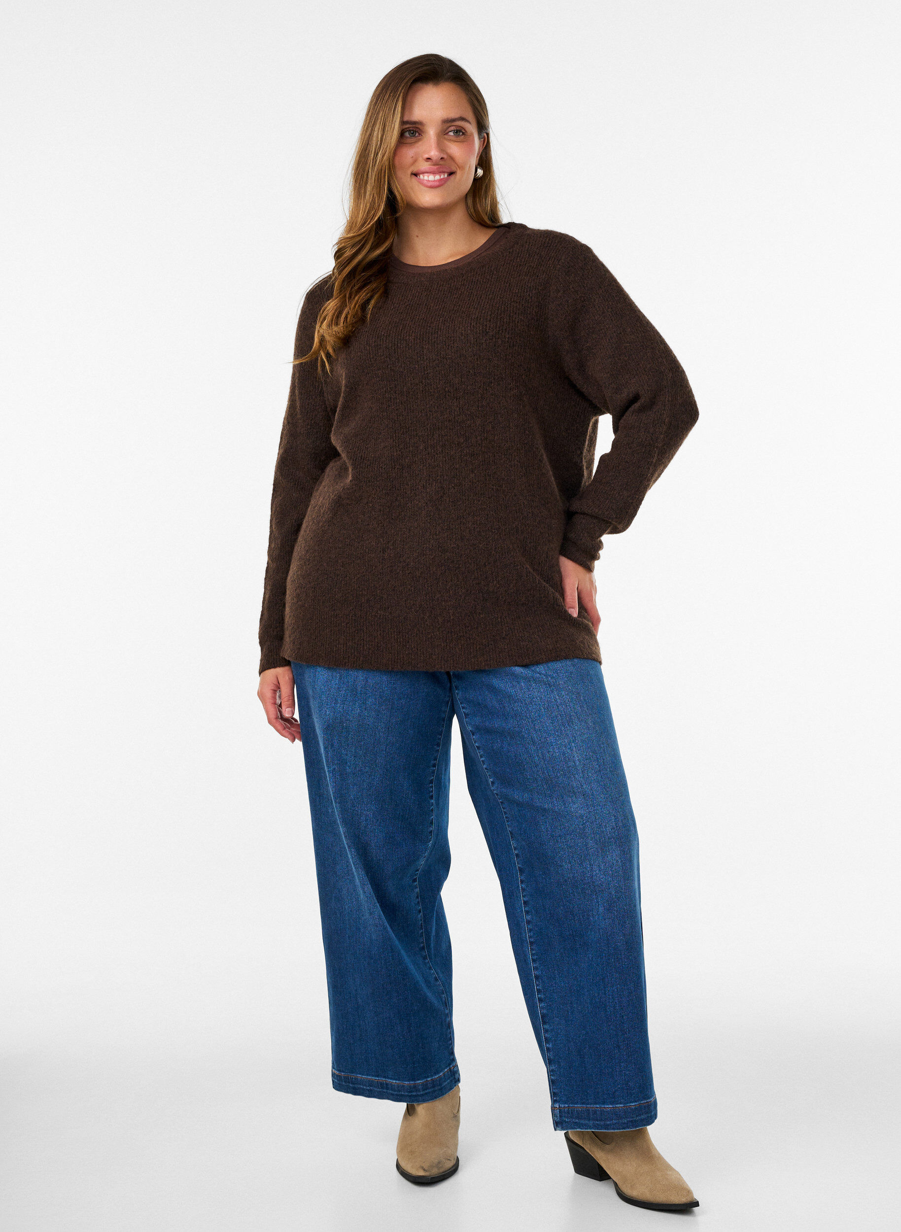 ZizzifashionMelange knit blouse with round neck, Brown, Model image number 1