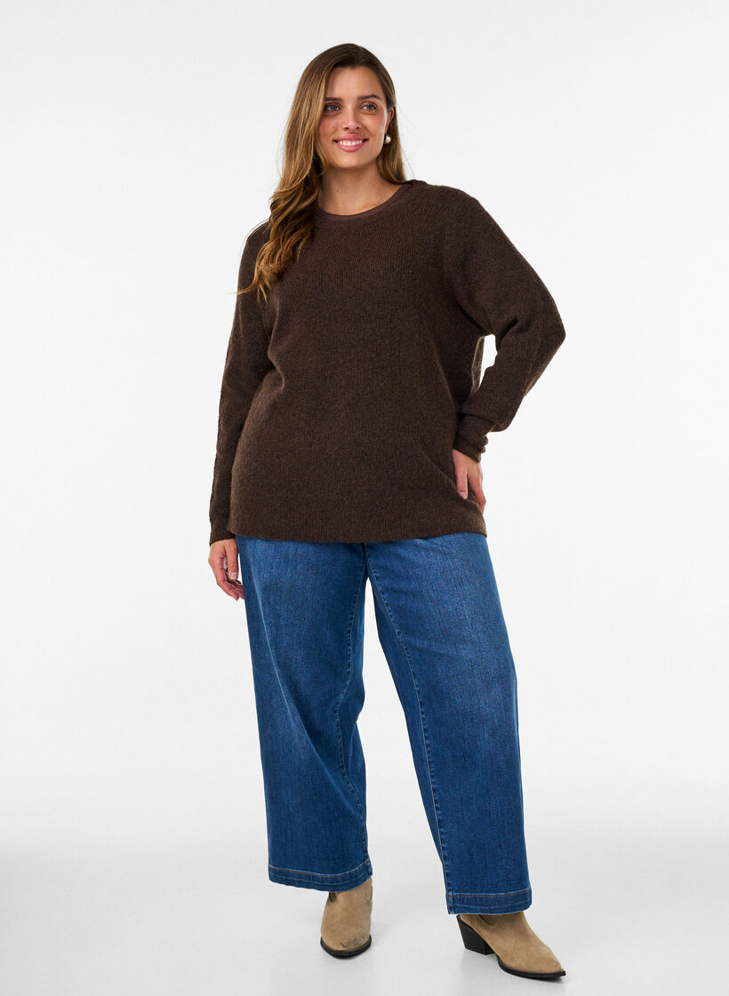 Melange knit blouse with round neck, Brown, Model image number 1