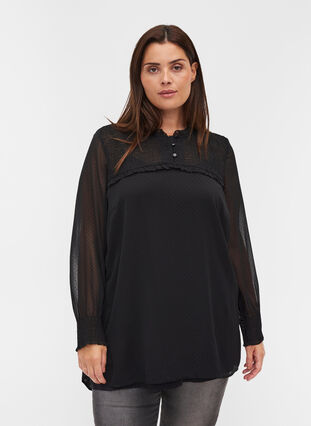 High neck blouse with smocking and ruffle detailing, Black, Model image number 0