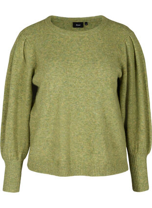 Melange knit sweater with puff sleeves, Green Olive Mel., Packshot image number 0