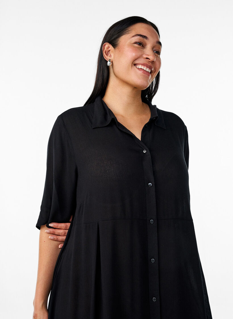 Midi shirt dress with short sleeves, Black, Model image number 2