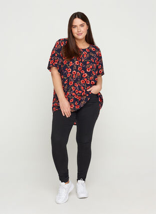Floral viscose blouse with short sleeves, Black Poppy Flower, Model image number 2