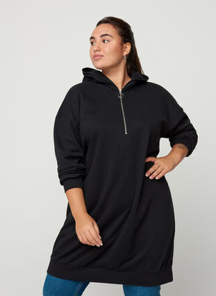 Sweater dress with a hood and zip, Black, Model image number 0