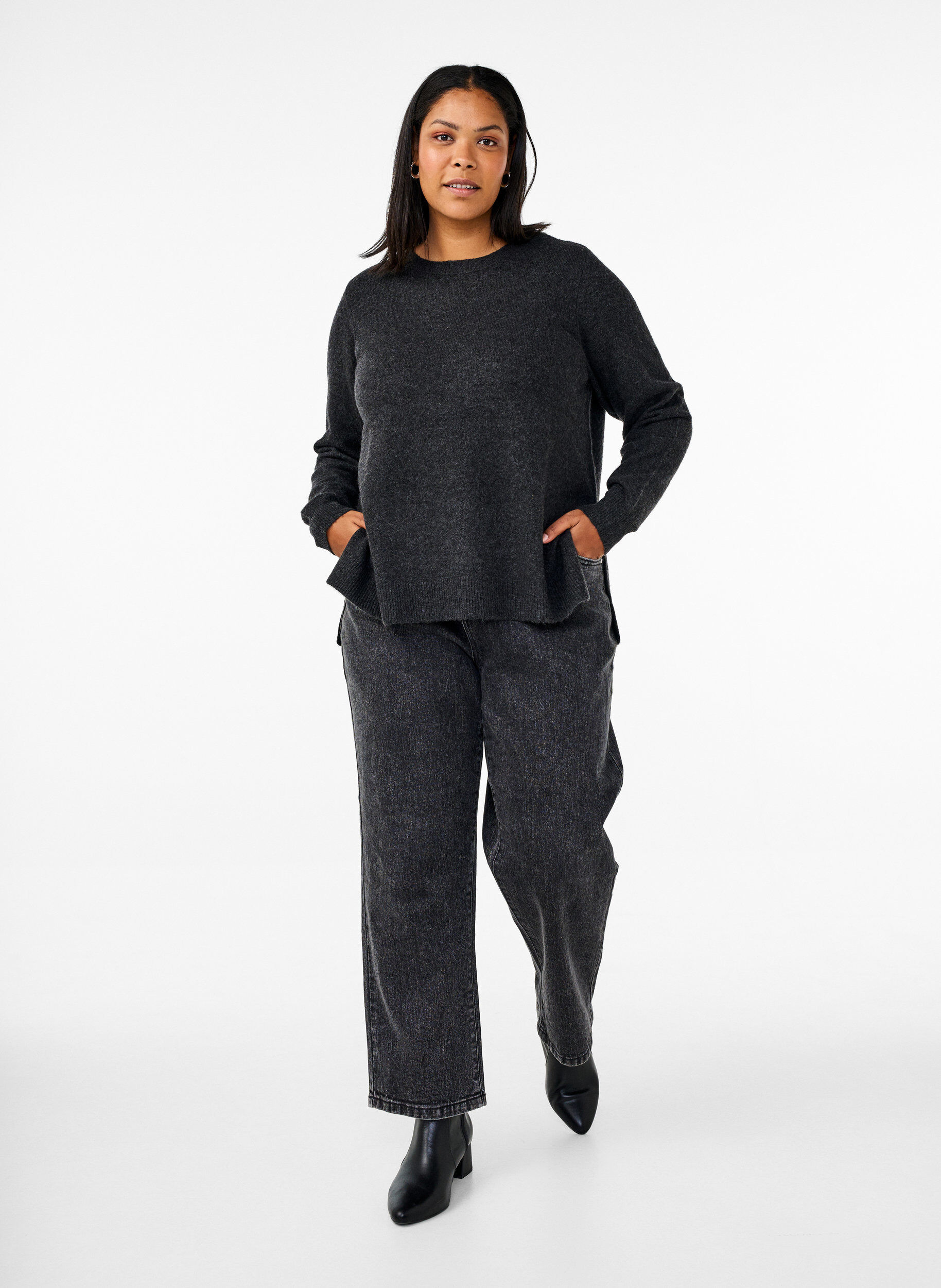 Zizzifashion Knitted top with wool and slits, Dark Grey Melange, Model image number 2