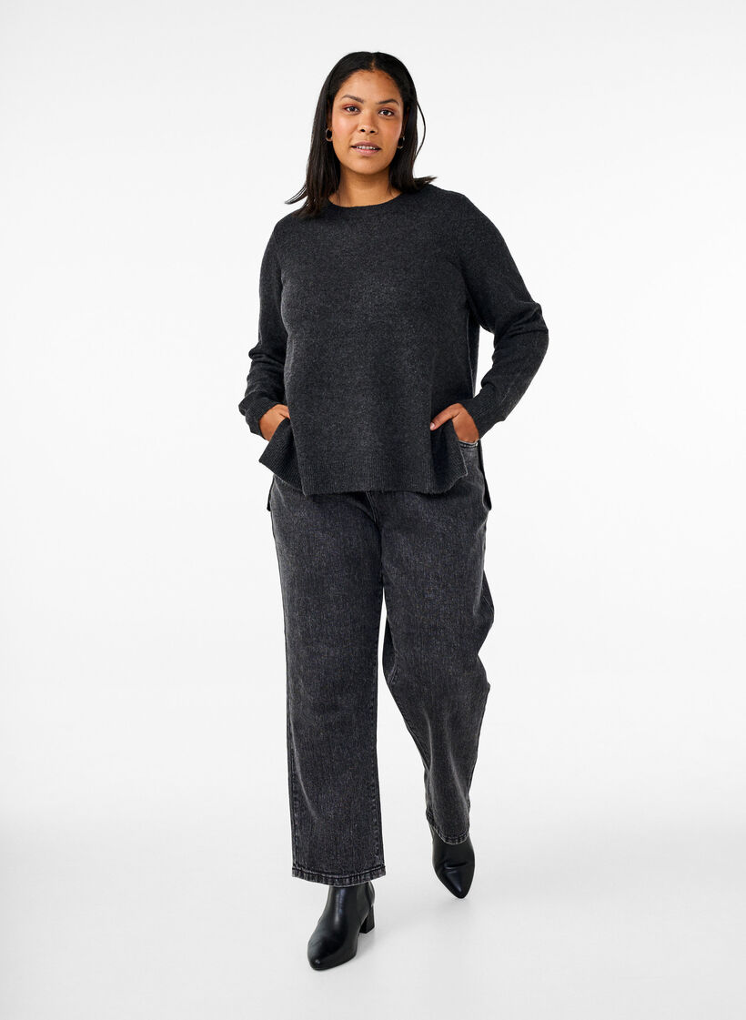 Knitted top with wool and slits, Dark Grey Melange, Model image number 2