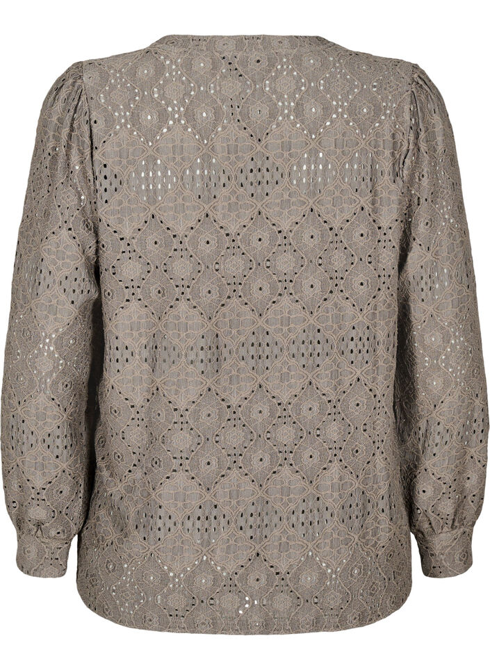 Long-sleeved blouse with an openwork pattern, Brown, Packshot image number 1