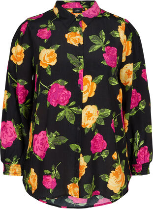 Floral viscose shirt with smocking, Black Flower AOP, Packshot image number 0