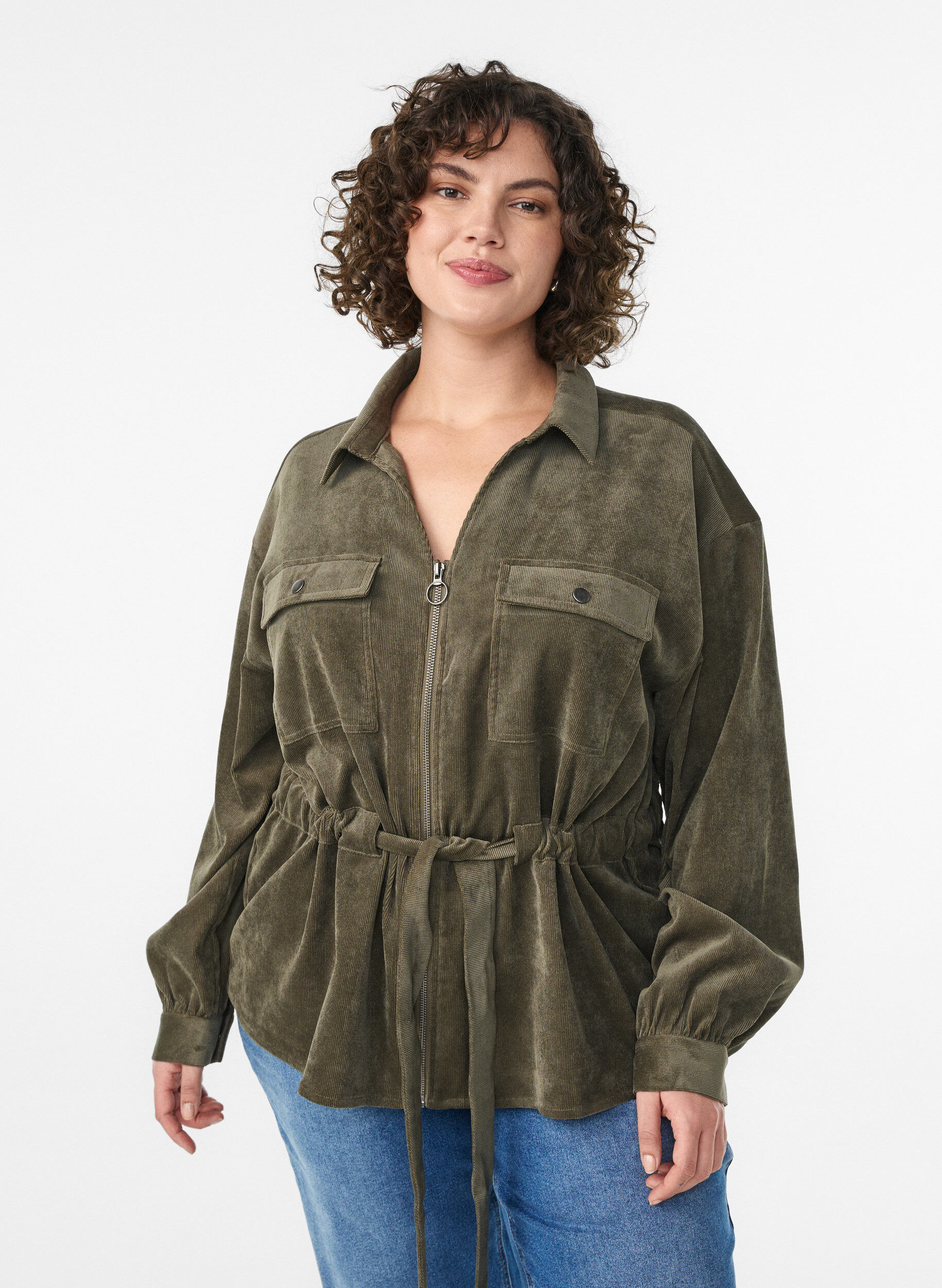 Corduroy shacket with tie belt and pockets, Green, Model