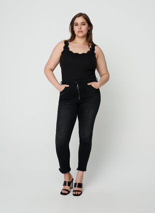 Cropped Nille jeans with frayed edges, Dark Grey Denim, Model image number 0