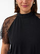 Blouse with short lace sleeves and high neck, Black, Model image number 3