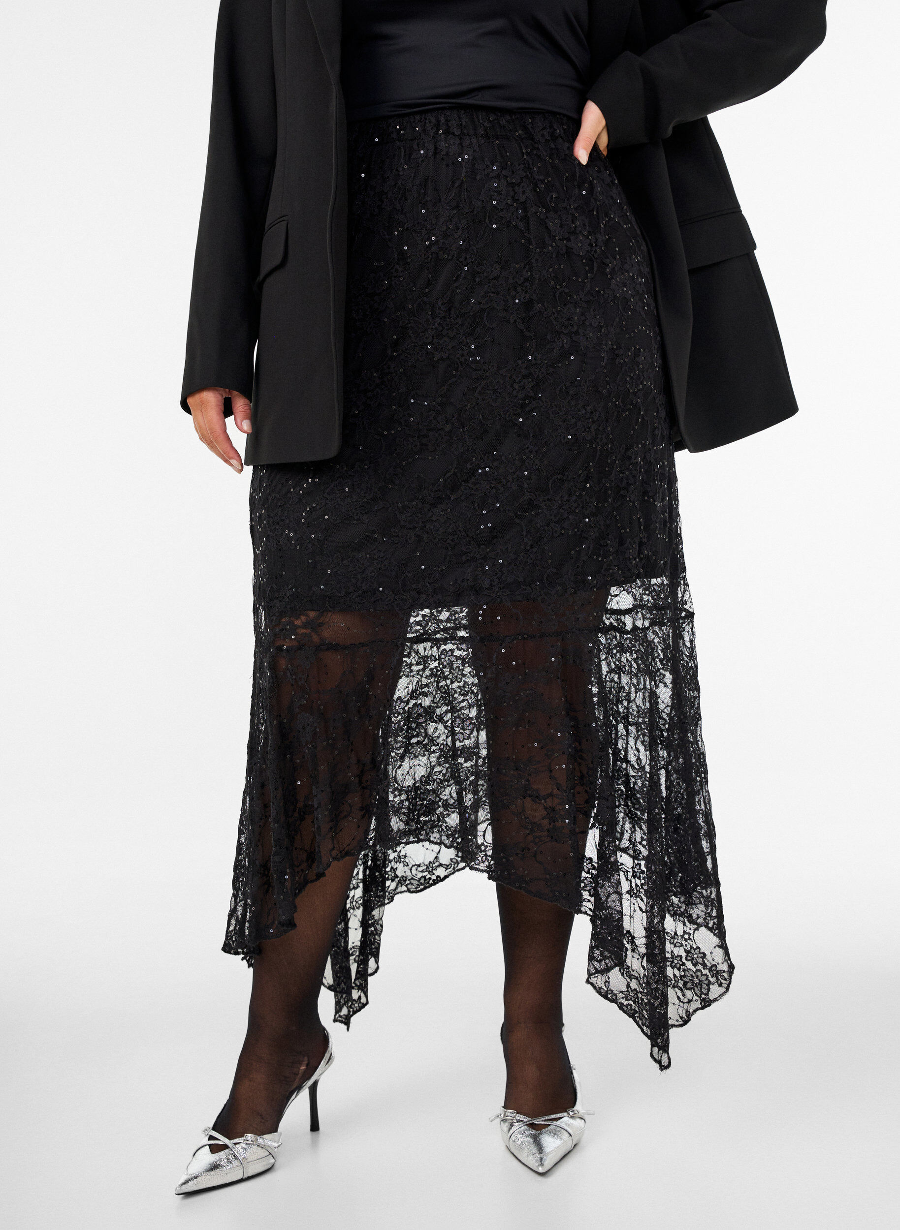 Lace midi skirt with sequins, Black, Model