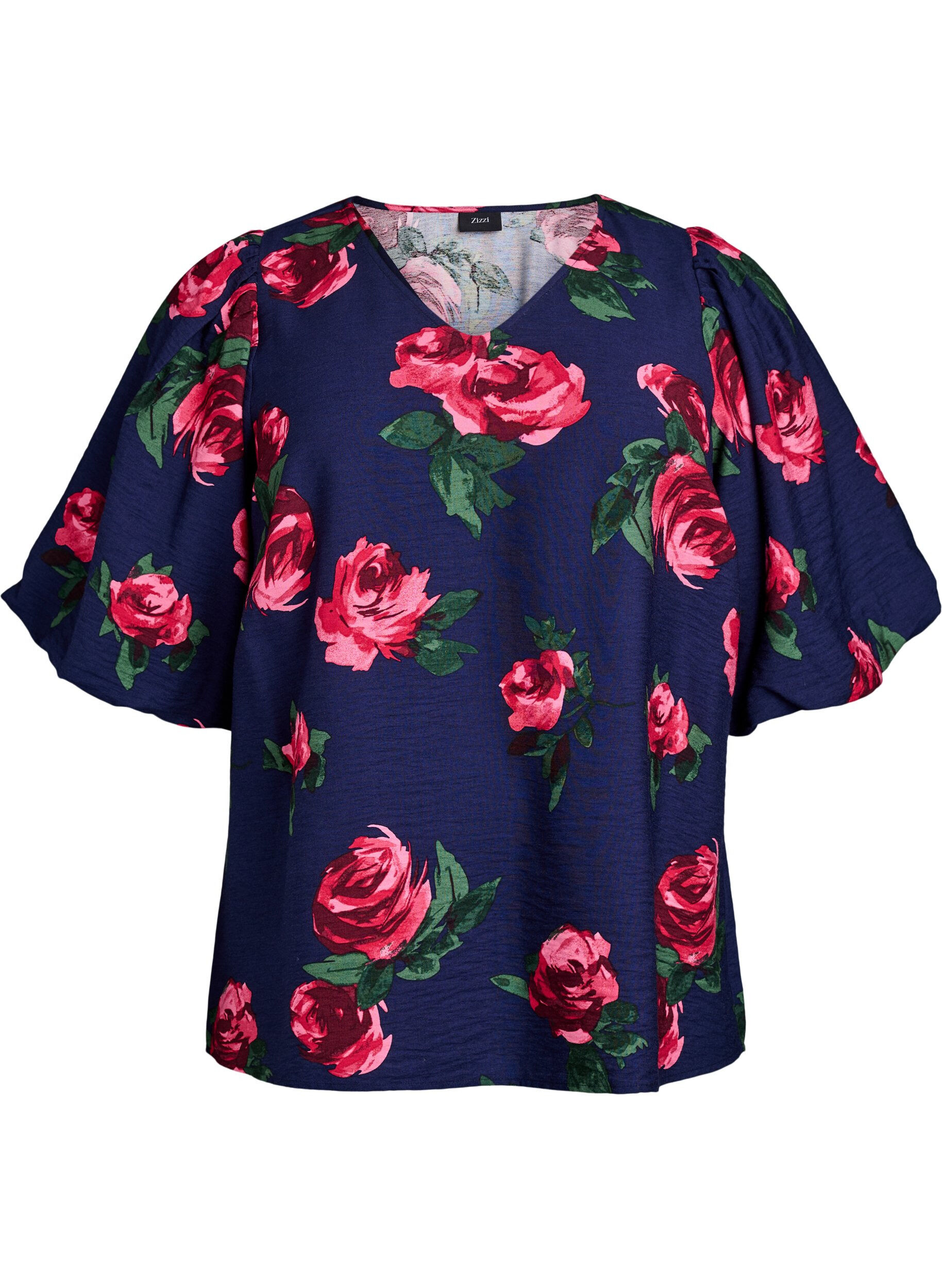 Blouse with rose print and short balloon sleeves