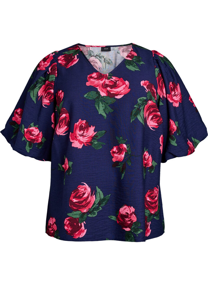Blouse with rose print and short balloon sleeves, Blue, Packshot image number 0