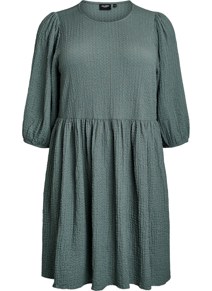 Short dress with texture and 3/4 sleeves, Green, Packshot image number 0