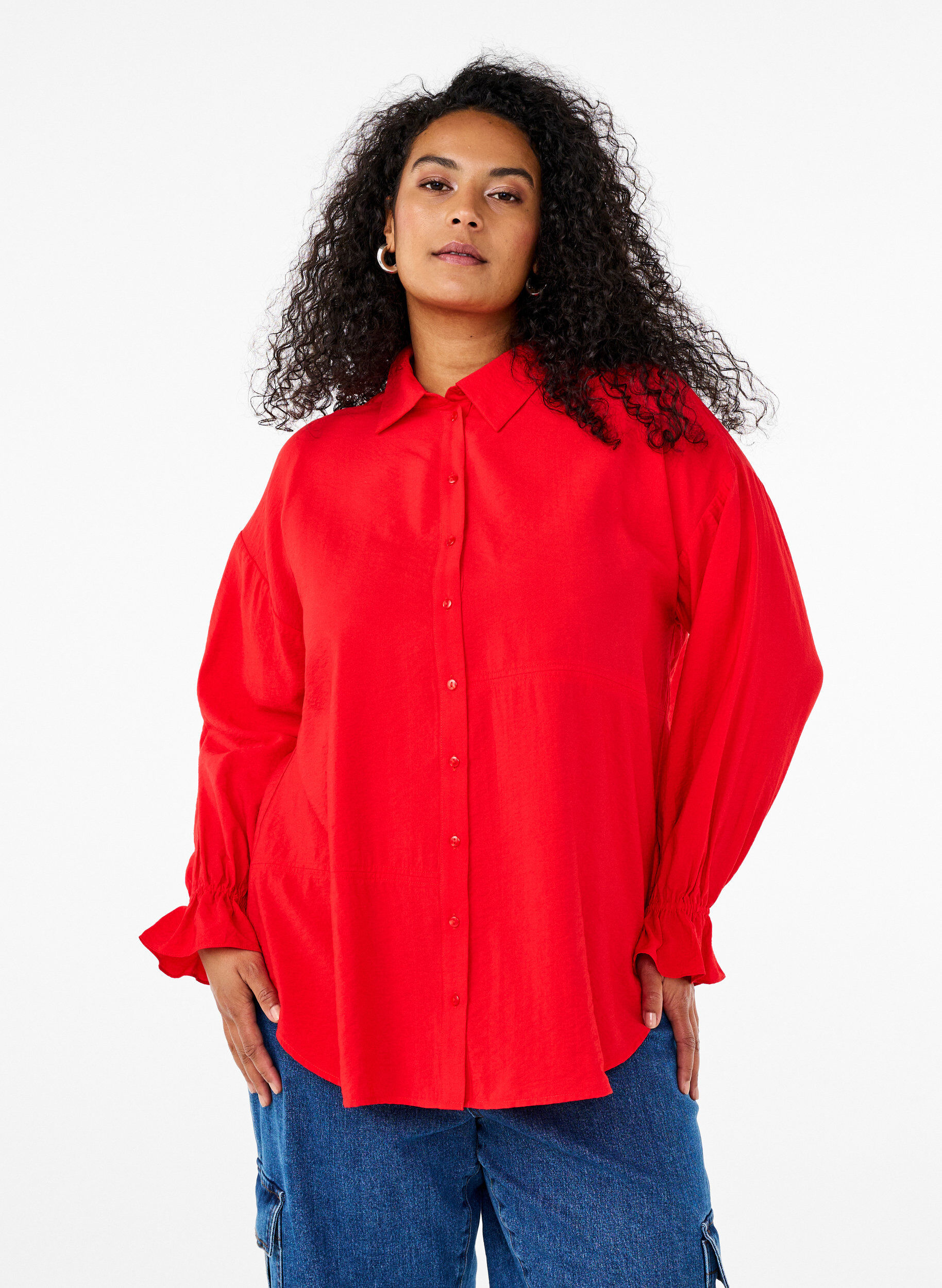 Zizzifashion Shirt with long sleeves and ruffle details, Red, Model image number 0
