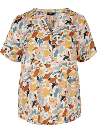 Printed blouse with short sleeves, Multicolor AOP, Packshot image number 0