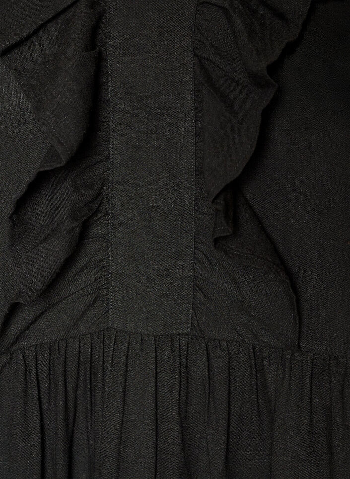 Sleeveless midi dress in linen and viscose with ruffles, Black, Packshot image number 2