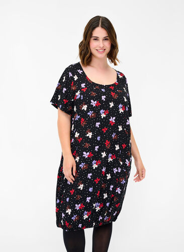 Short-sleeved viscose dress with print, Black Dot Flower, Model image number 0