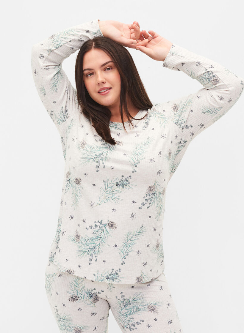 Long-sleeved top in rib, Natural Mél AOP Gran, Model image number 0