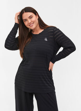 Long-sleeved exercise top with pattern, Black, Model image number 0