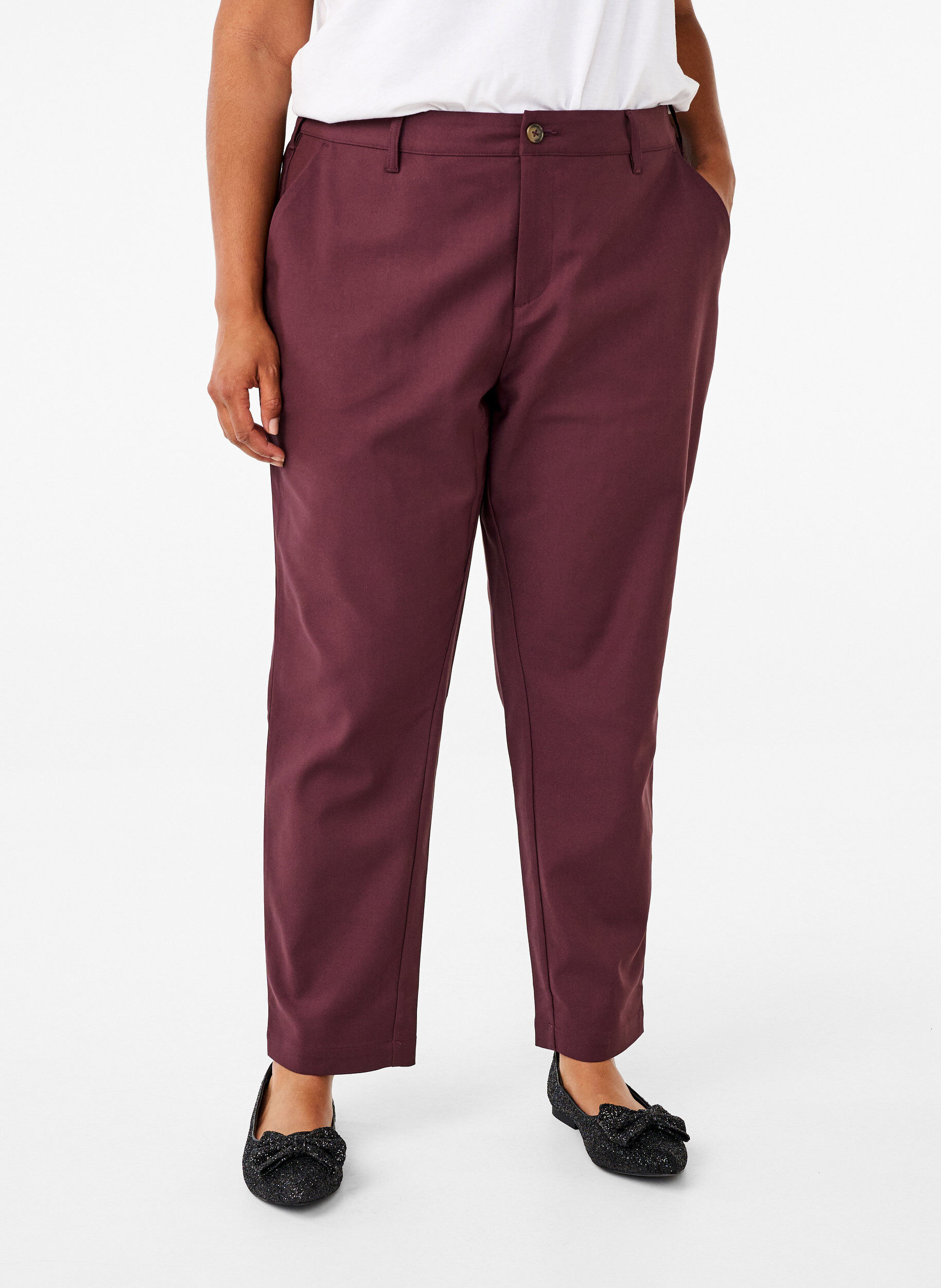 Zizzifashion High-waisted trousers with straight legs, Dark Bordeaux, Model image number 2