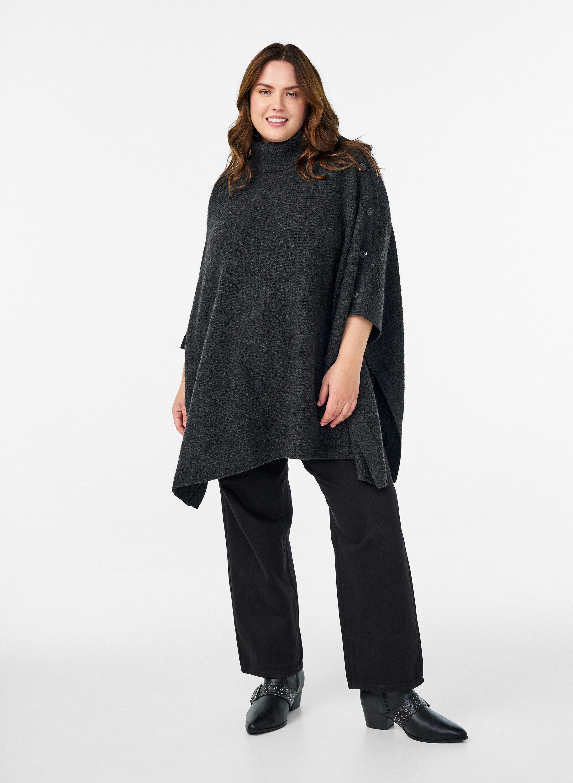 Zizzifashion Poncho with turtleneck and button detail, Dark Grey, Model image number 1