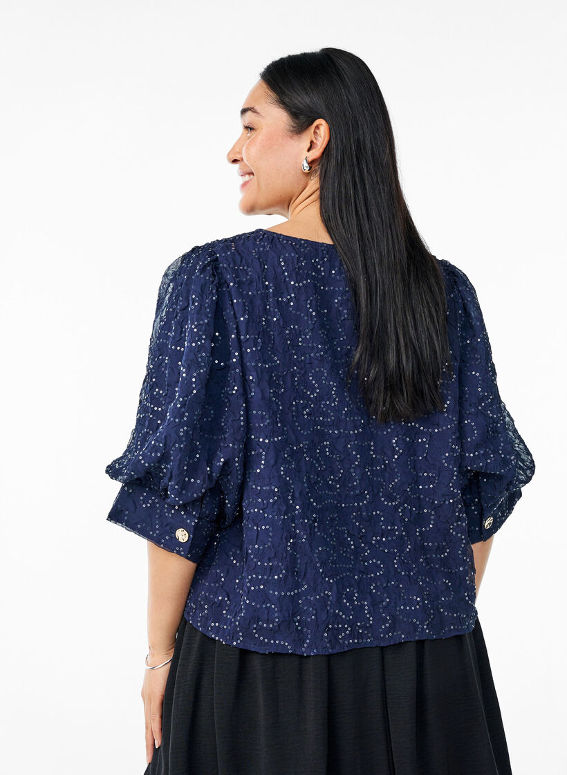Party blouse with sequins and 1/2 sleeves, Blue, Model image number 2