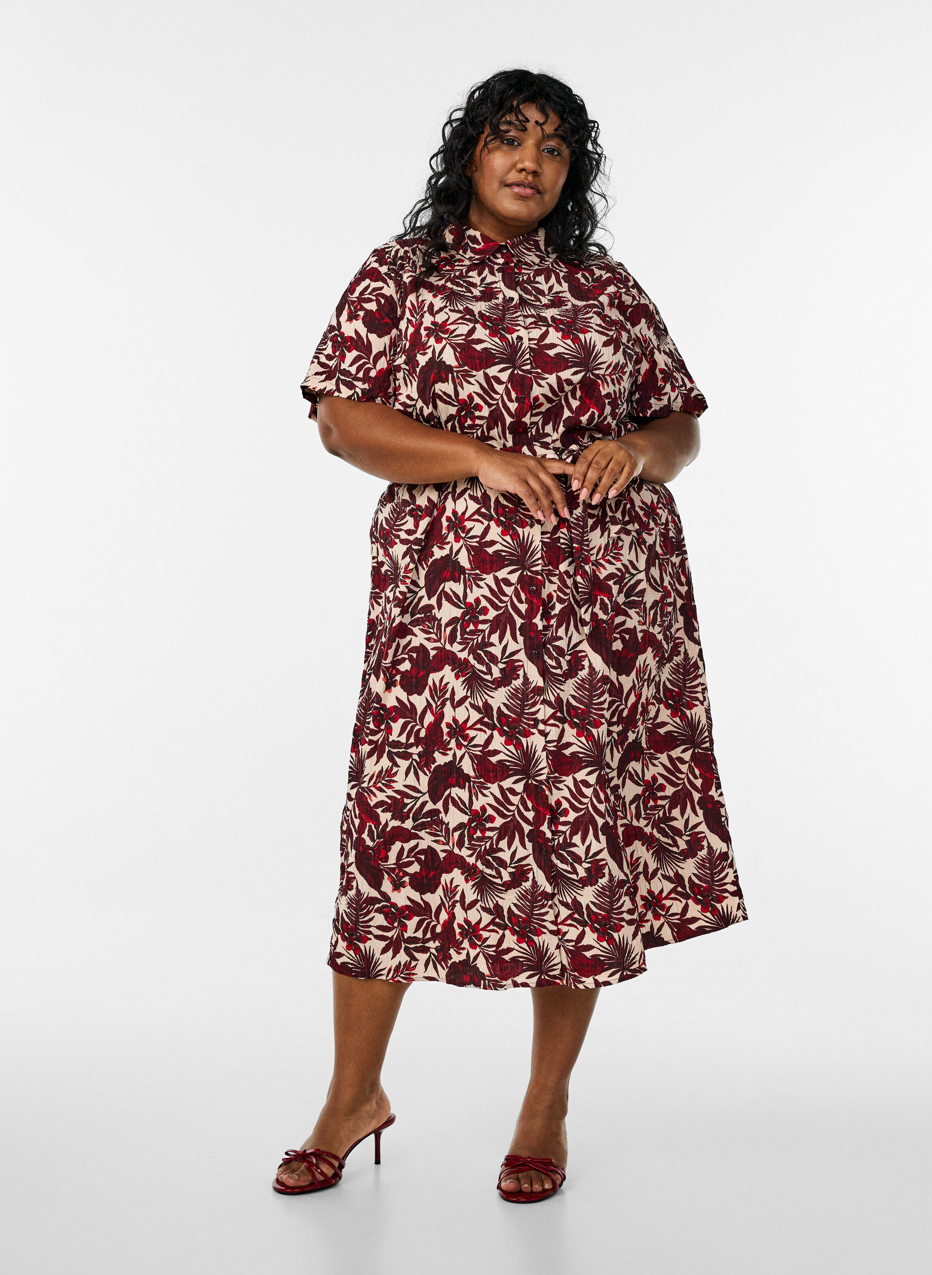 Zizzifashion Midi-length shirt dress with floral print, Red, Model image number 0