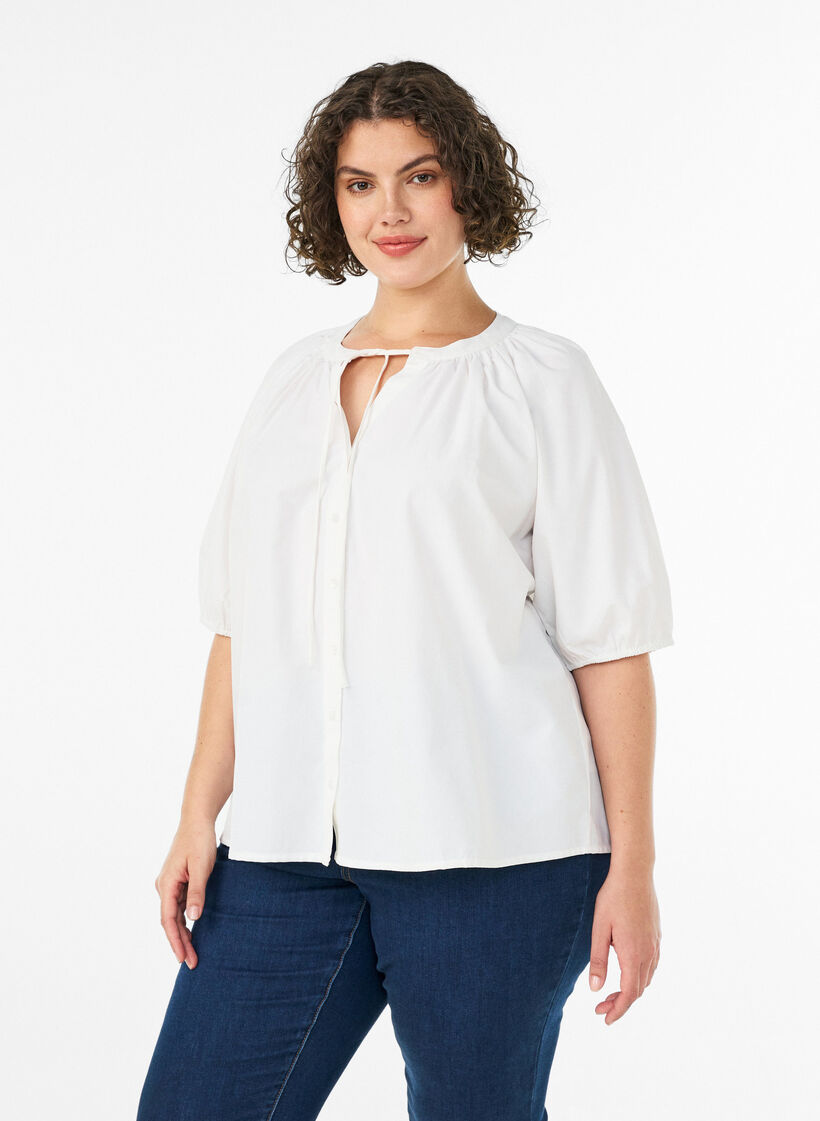Shirt blouse with button fastening and tie-belt, White, Model image number 0