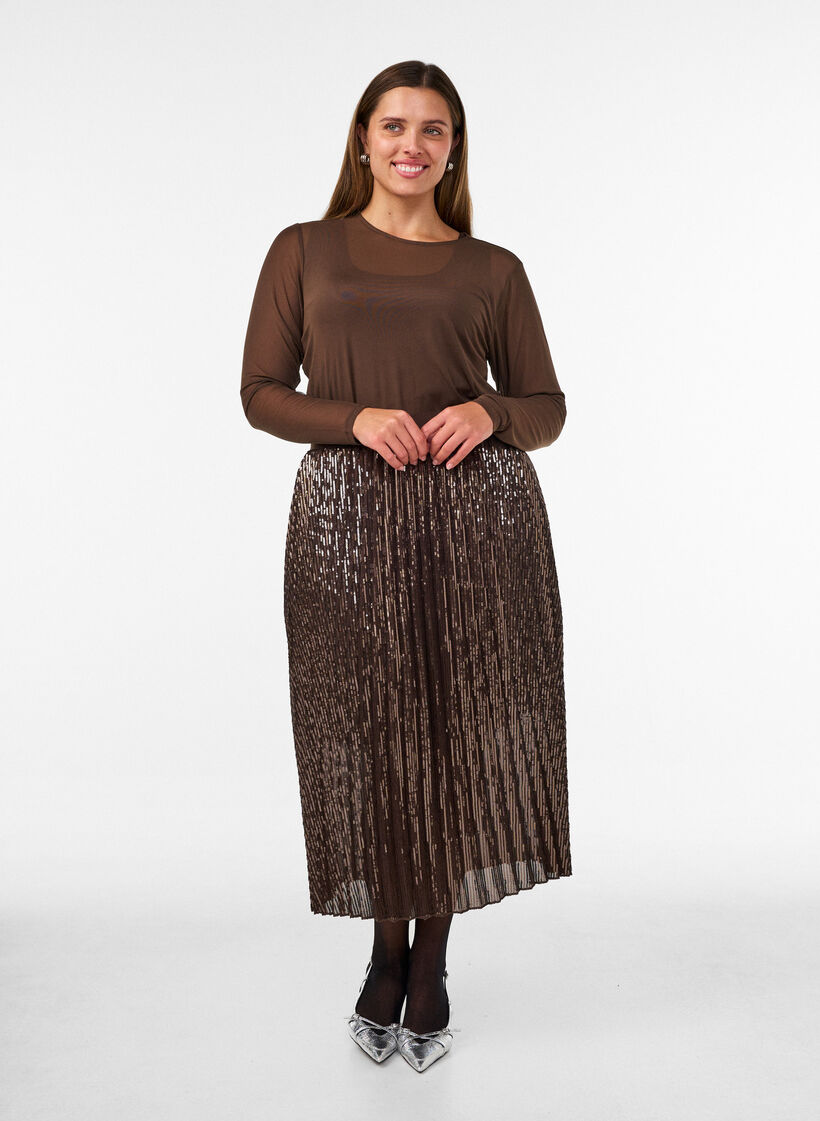 A-line sequin midi skirt, Brown, Model image number 0