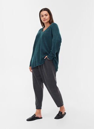 Knit blouse with V-sweater and ribbed trims, Reflecting Pond Mel., Model image number 2