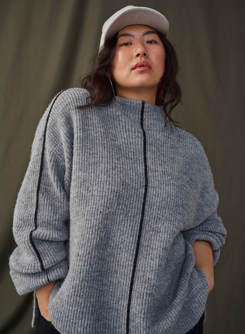 Knitted blouse with wool and contrast stripes, Medium Grey Melange, Image image number 0