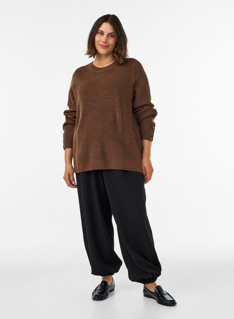 Knitted blouse with ribbed texture and button details, Brown, Model image number 1