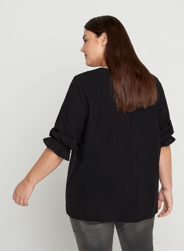 Blouse with broderie anglaise and 3/4 sleeves, Black, Model image number 1