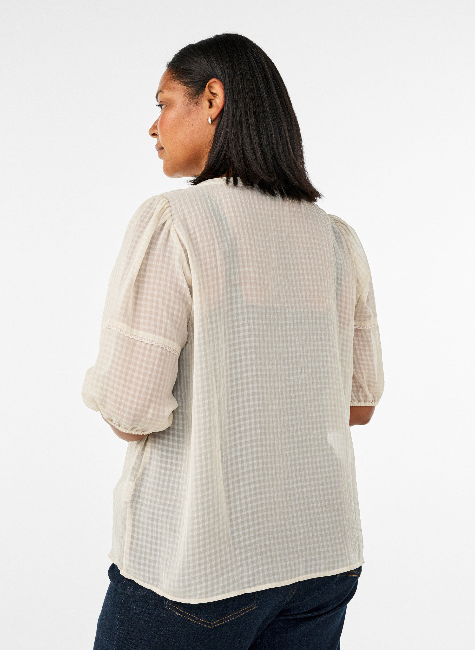 ZizzifashionBlouse in seersucker with tie-string, Beige, Model image number 2