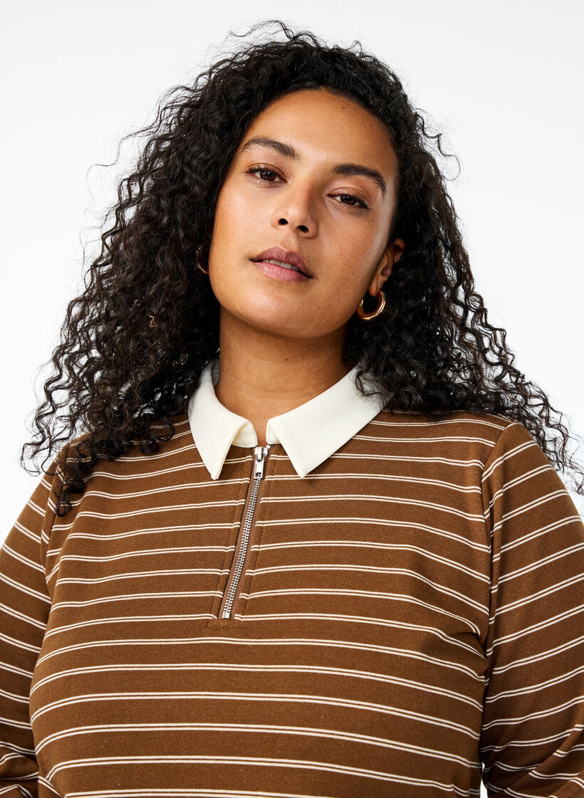 Striped polo shirt with zipper, Brown, Model image number 3