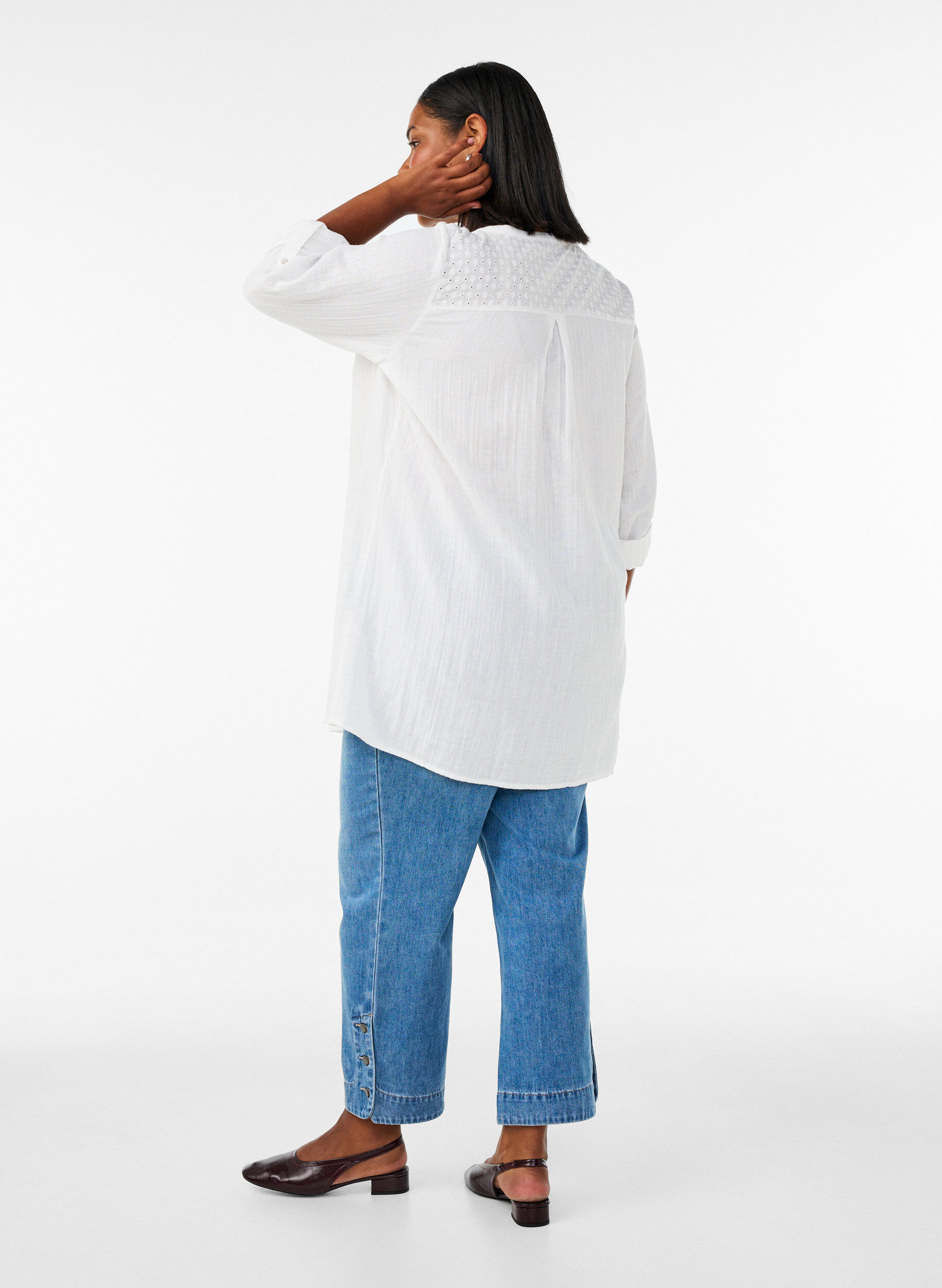 ZizzifashionCotton muslin tunic with broderie anglaise, White, Model image number 2