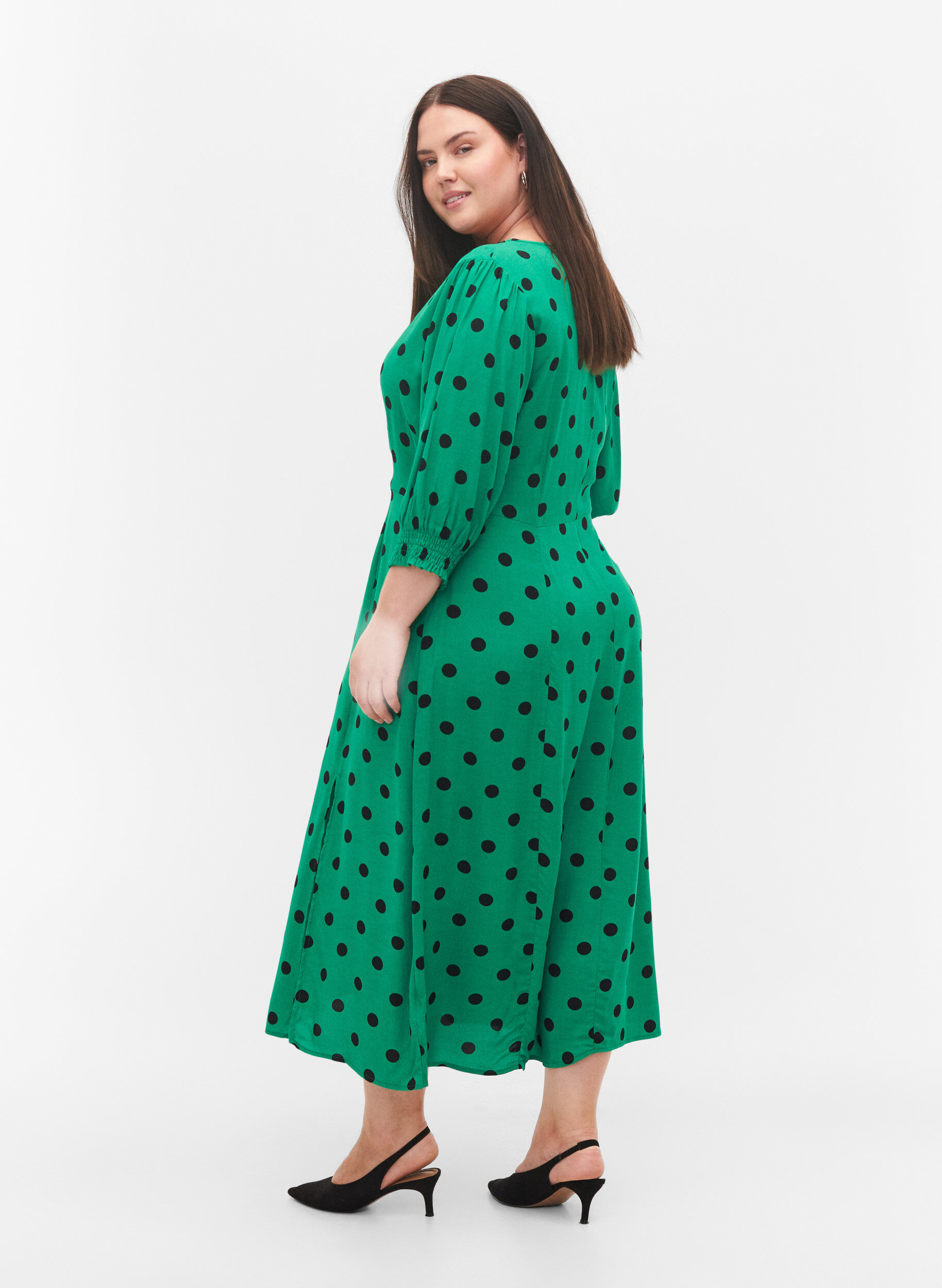 Zizzifashion Polka dot viscose midi dress, Jolly Green Dot AOP, Model image number 1
