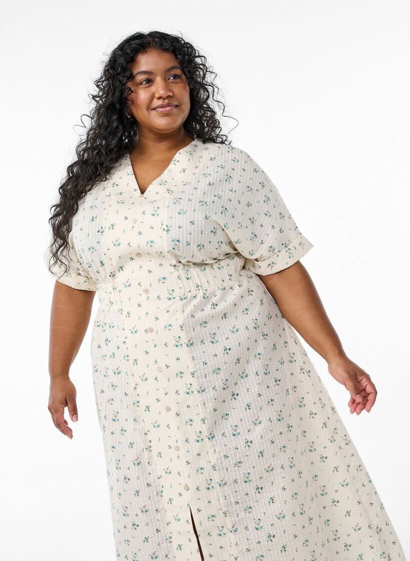 Midi dress with short sleeves and a front slit, White, Model image number 2