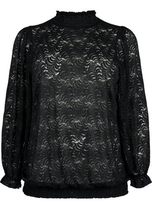 Long-sleeved lace blouse with smock, Black, Packshot image number 0