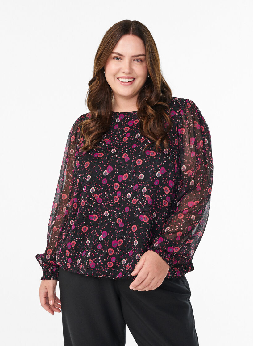 Floral chiffon blouse with sheer sleeves, Black, Model image number 0