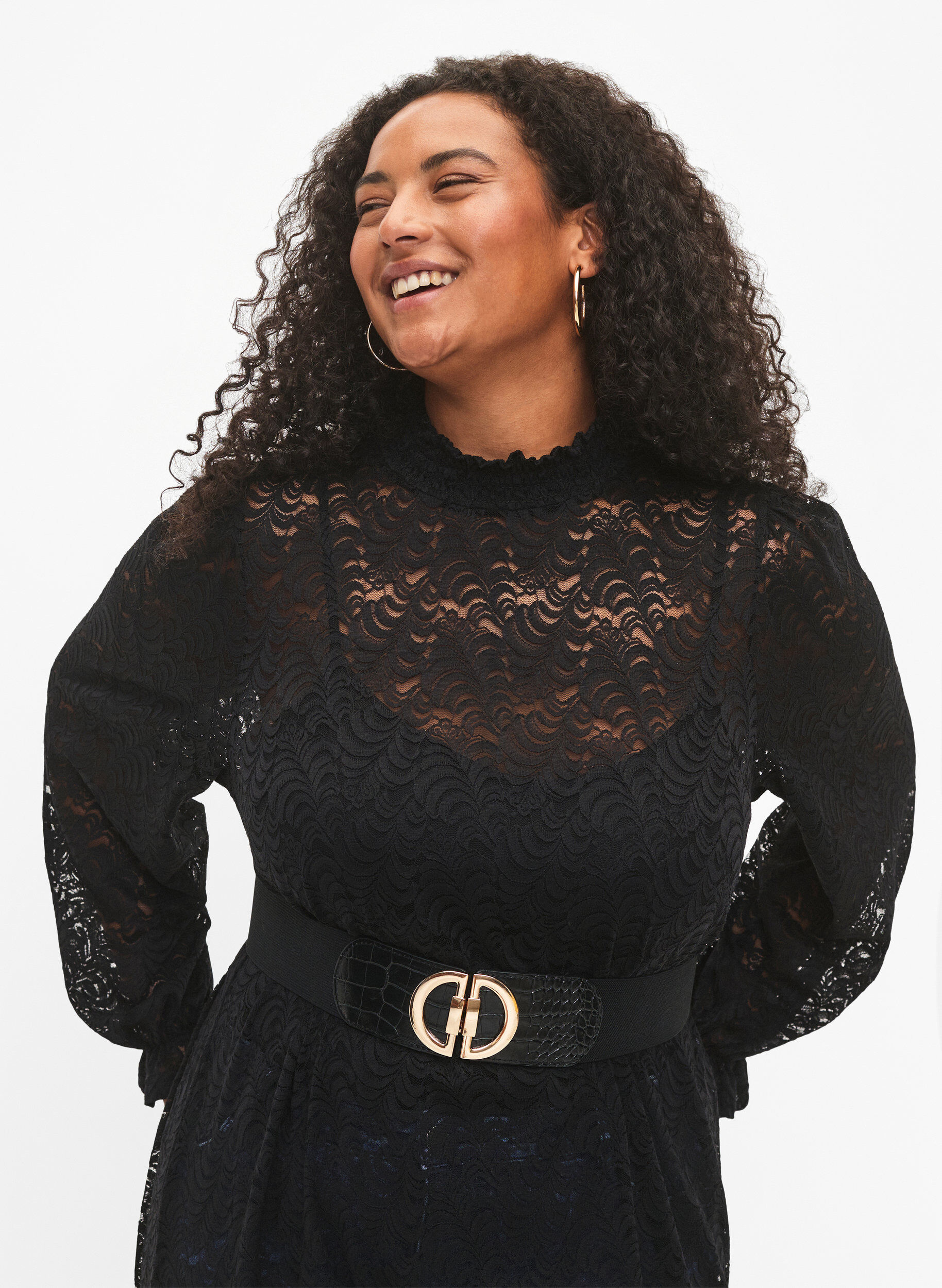 Zizzifashion Elastic waist belt with gold-colored buckle, Black, Model image number 0