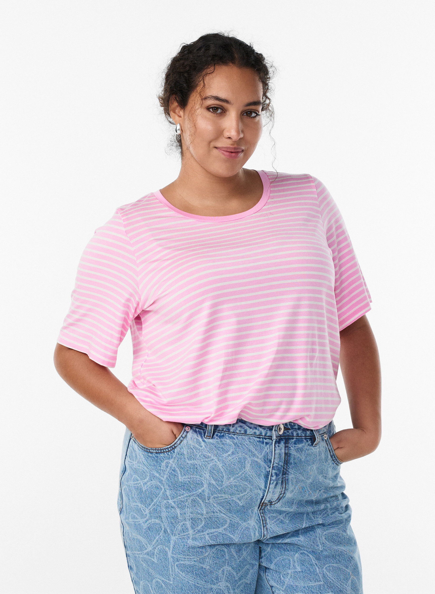 T-shirt with TENCEL&trade; Lyocell and stripes, Pink, Model