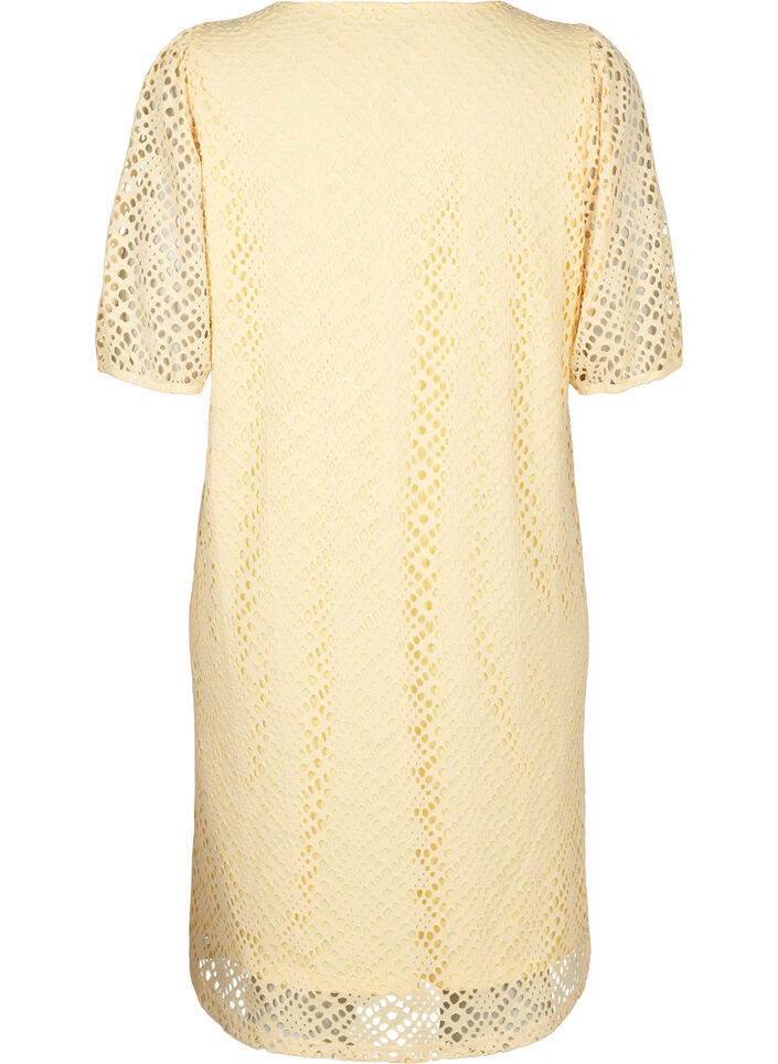 Knee-length dress with eyelet pattern and short sleeves, Yellow, Packshot image number 1