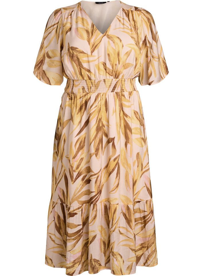 Viscose midi dress with leaf print and smocked waist, Yellow, Packshot image number 0