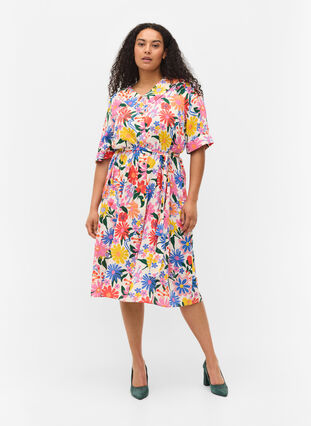 Printed short-sleeved midi dress, Crystal G flower AOP, Model image number 2