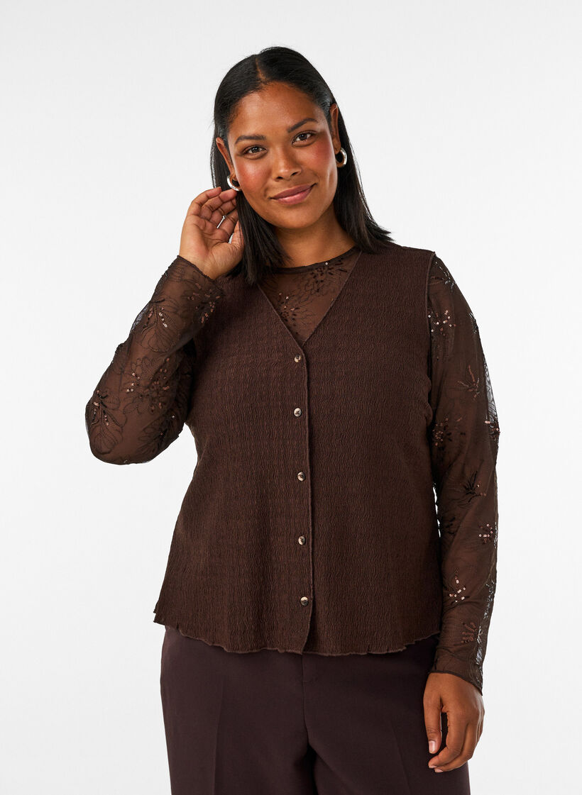 Mesh blouse with flowers and sequins, Brown, Model image number 0