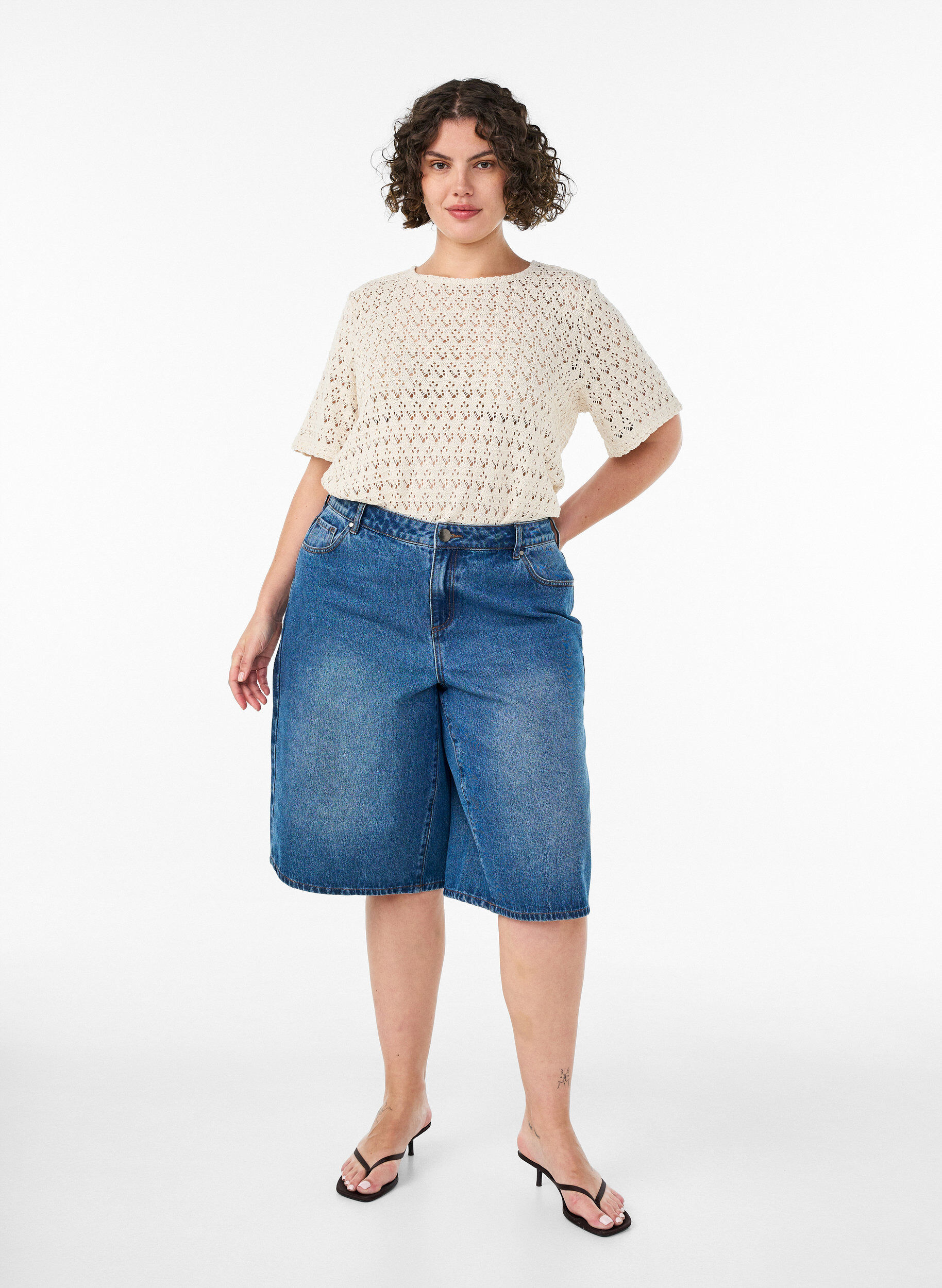 Zizzifashion Short-sleeved blouse with eyelet embroidery, Beige, Model image number 1