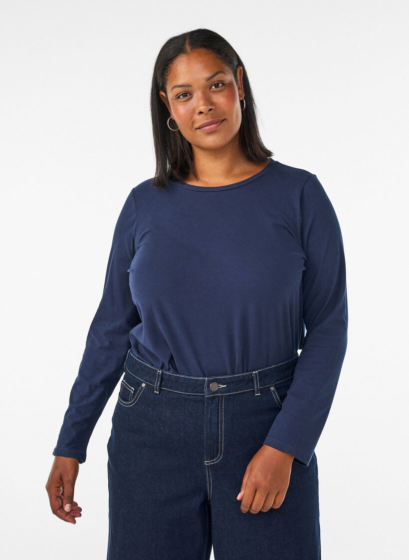 Basic jersey blouse with long sleeves, Blue, Model image number 0